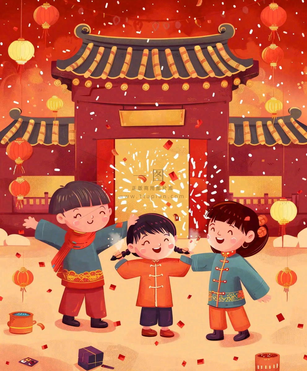 新年热闹儿童在家门口放烟花春节喜庆庆祝春节小年除夕夜元宵节卡通插画背景