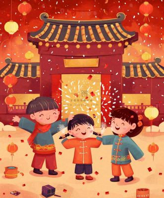 新年热闹儿童在家门口放烟花春节喜庆庆祝春节小年除夕夜元宵节卡通插画背景 新年热闹儿童在家门口放烟花春节喜庆庆祝春节小年除夕夜元宵节卡通插画背景