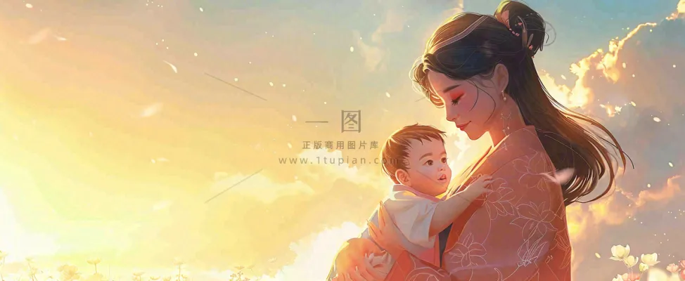 母亲节妈妈亲情抱着孩子鲜花光辉插画背景