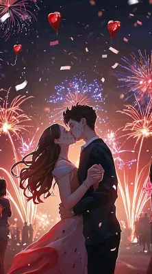 浪漫情人节爱心爱情夜晚烟花，跳舞插画