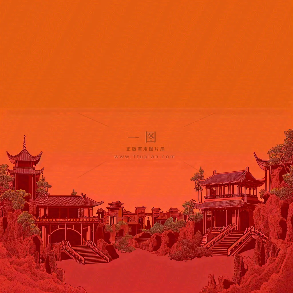 红色渐变国风建筑剪影，中国风简约