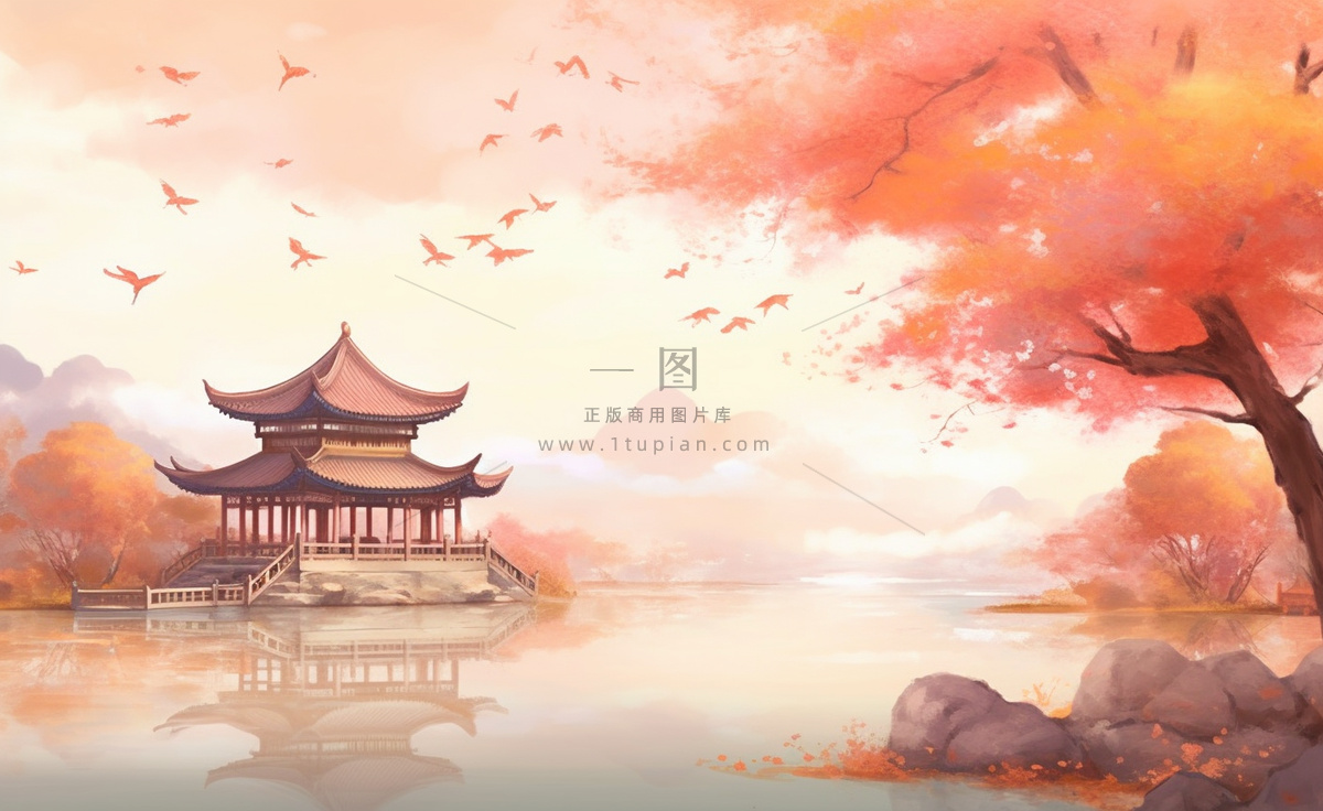 秋季枫叶晚亭山水湖面倒影美景中国风水墨画插画背景