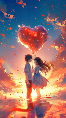 情人节浪漫情人爱心落日蓝天唯美，情侣亲吻爱情，卡通手绘插画