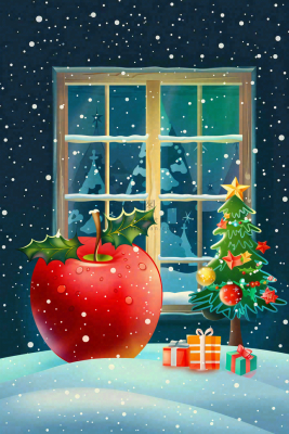 冬天寒冷的白雪红苹果屋窗户夜晚平安夜卡通插画背景 冬天寒冷的白雪红苹果屋窗户夜晚平安夜卡通插画背景
