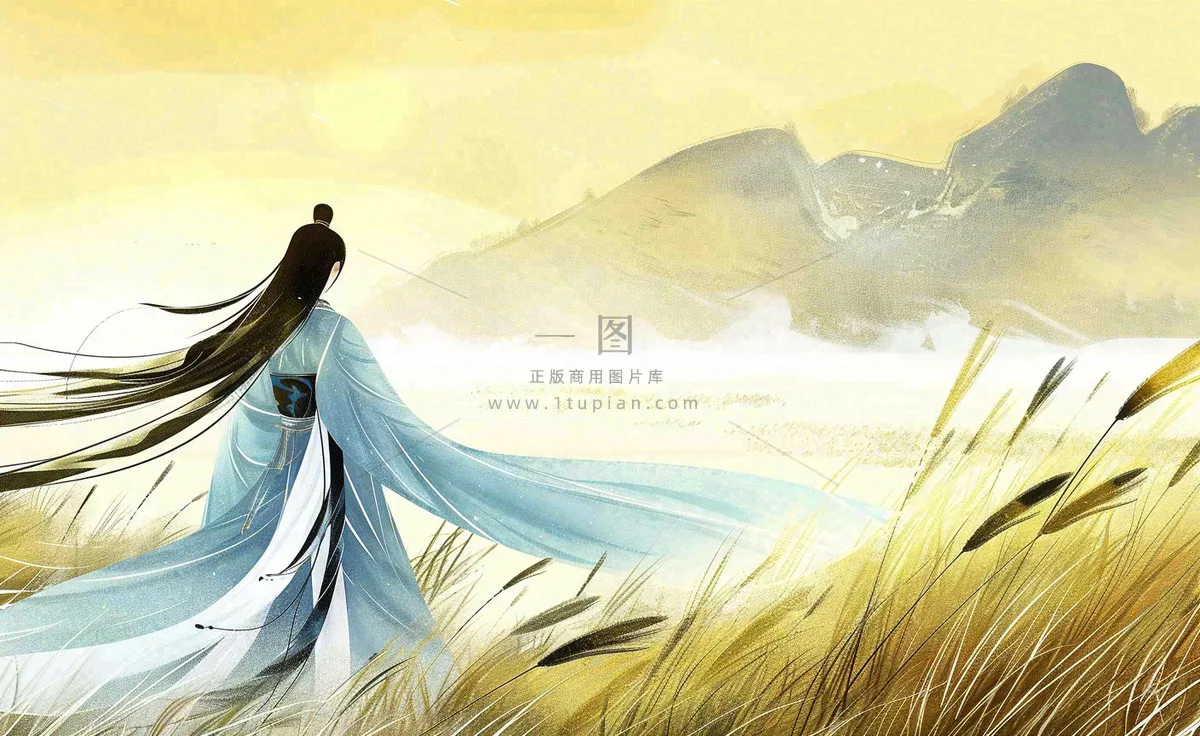 古风小清新手绘白露插画山下芦苇与古装男仙侠插画背景