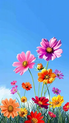 春天蓝天白云草坪鲜花，五彩缤纷鲜艳摄影图