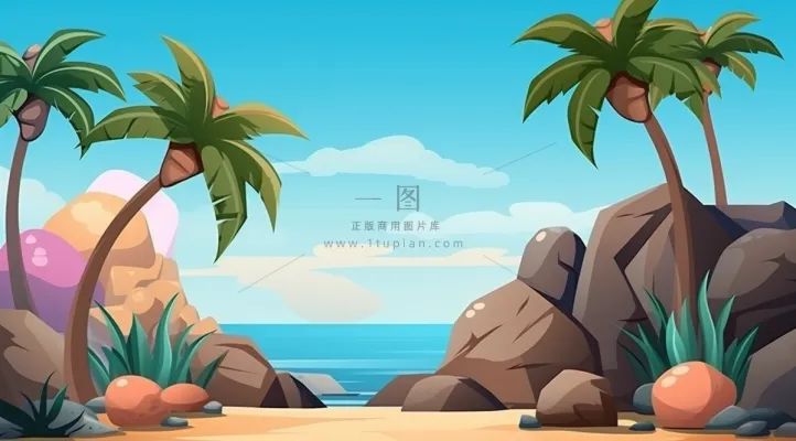 夏日海滩椰子树海浪卡通插画背景