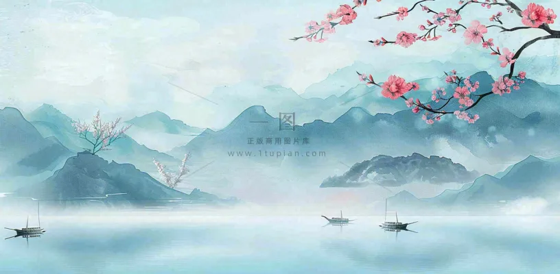 中国风水墨画山水船梅花春天春分清明插画背景