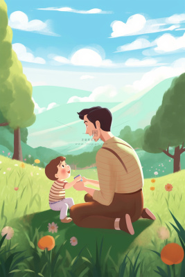 父亲陪伴孩子草地玩耍插画海报背景 父亲陪伴孩子草地玩耍插画海报背景