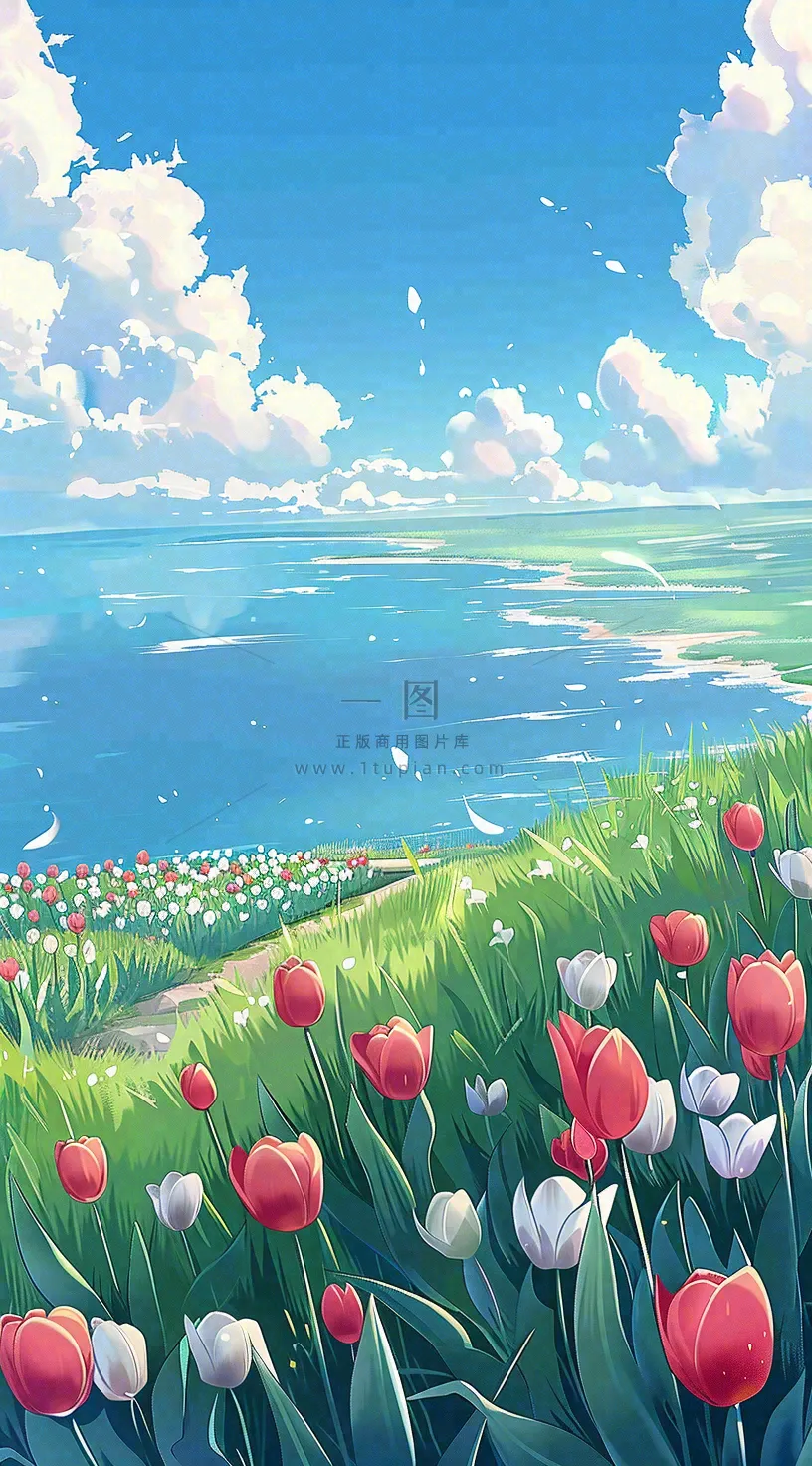 春天海边晴天蓝天白云郁金香春分插画背景