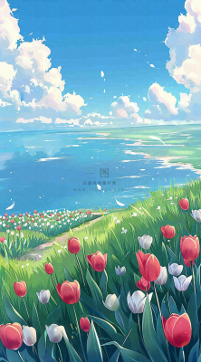 春天海边晴天蓝天白云郁金香春分插画背景 春天海边晴天蓝天白云郁金香春分插画背景
