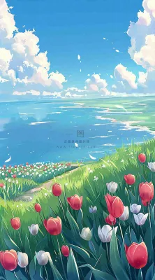 春天海边晴天蓝天白云郁金香春分插画背景 春天海边晴天蓝天白云郁金香春分插画背景