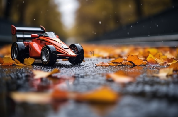 秋季道路上的落叶玩具赛车摄影图 