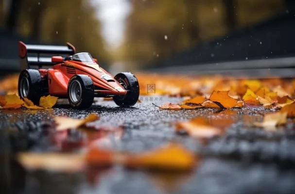 秋季道路上的落叶玩具赛车摄影图 
