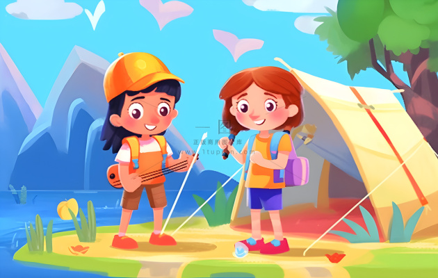 户外野外森林草原露营人们卡通插画背景 户外野外森林草原露营人们卡通插画背景