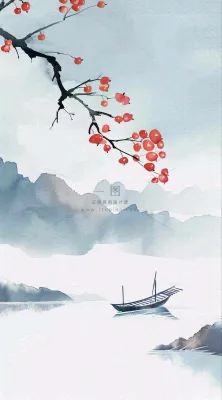 中国风山水秋冬柿子树霜降插画背景 中国风山水秋冬柿子树霜降插画背景