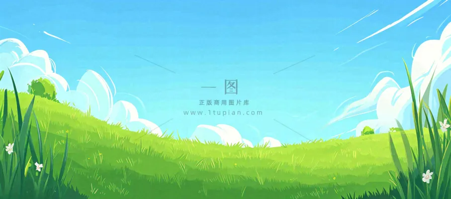 蓝天白云绿植草坪，小草树木清新，春天夏天阳光