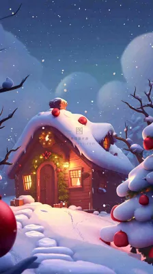 冬天苹果红色雪屋雪地雪花,圣诞节可爱卡通 冬天苹果红色雪屋雪地雪花,圣诞节可爱卡通