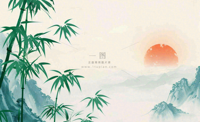 中国风古风水墨画山竹落日余晖淡雅清明端午插画背景 中国风古风水墨画山竹落日余晖淡雅清明端午插画背景