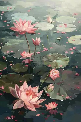 立夏池塘荷花荷叶插画夏至小暑大暑处暑背景