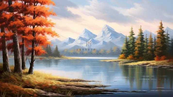 秋季树木湖泊河流风景新疆插画素材背景