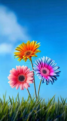 春天蓝天白云草坪鲜花，五彩缤纷鲜艳摄影图