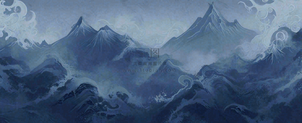 中国风意境山脉雪山海浪蓝色云层，末日暗黑恐怖
