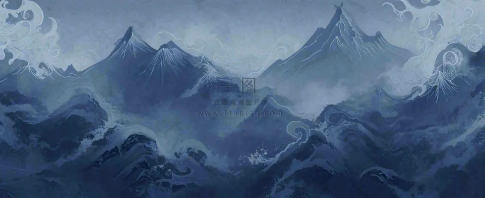 中国风意境山脉雪山海浪蓝色云层，末日暗黑恐怖