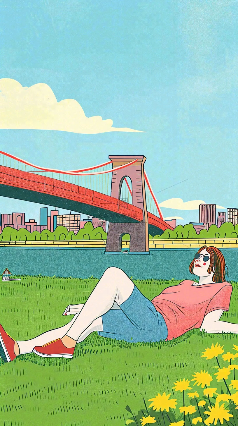 城市阳光蓝天白云人物在草地风景手绘插画,休闲