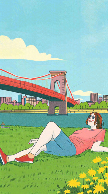 城市阳光蓝天白云人物在草地风景手绘插画,休闲 城市阳光蓝天白云人物在草地风景手绘插画,休闲