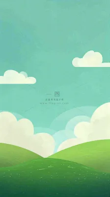 蓝天白云草地卡通扁平手绘插画春天绿色立春，春分