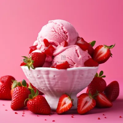 草莓冰淇淋球夏日清凉粉色背景摄影图