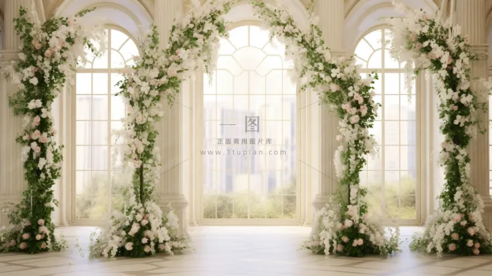 教堂婚礼现场鲜花白色主题摄影图