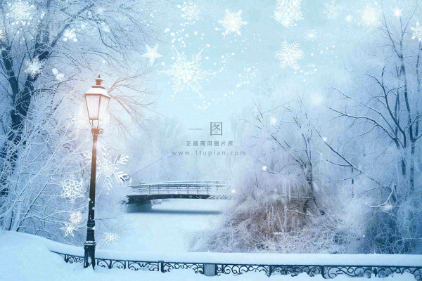 冬天白雪皑皑雪景河流街道路灯桥小雪大雪冬至雪花背景