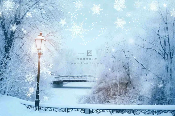 冬天白雪皑皑雪景河流街道路灯桥小雪大雪冬至雪花背景