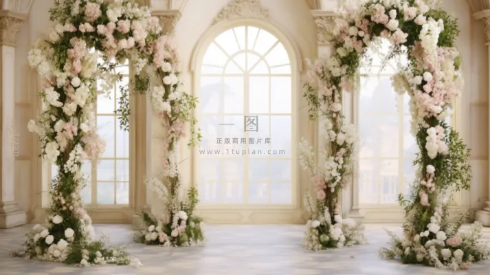 教堂婚礼现场鲜花白色主题摄影图