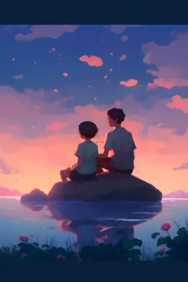 长辈父亲和孩子坐着看落日晚霞浪漫背景