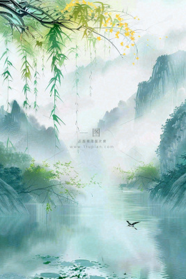 春天雨水水墨山水柳树柳枝燕子黄花盛开清明端午插画背景 春天雨水水墨山水柳树柳枝燕子黄花盛开清明端午插画背景