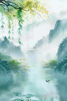 春天雨水水墨山水柳树柳枝燕子黄花盛开清明端午插画背景 春天雨水水墨山水柳树柳枝燕子黄花盛开清明端午插画背景