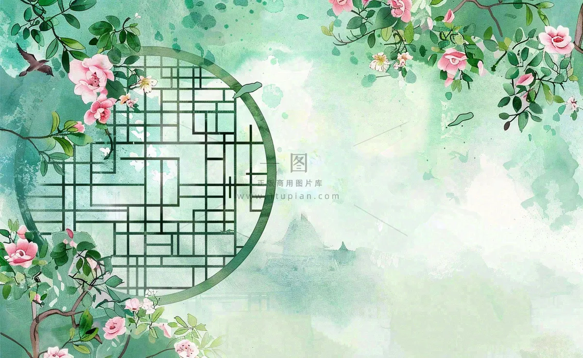 古风工笔画插画海棠樱花花鸟植物立春春天山水风景水彩背景