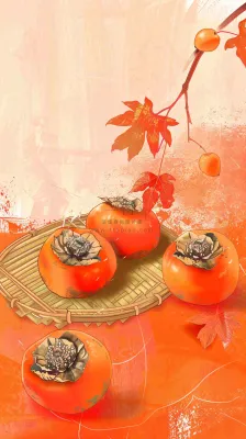 成熟的柿子水果红色背景插画霜降背景 成熟的柿子水果红色背景插画霜降背景