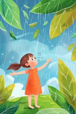 下雨天巨大绿植下的女孩躲雨玩耍雨水谷雨春天卡通插画背景