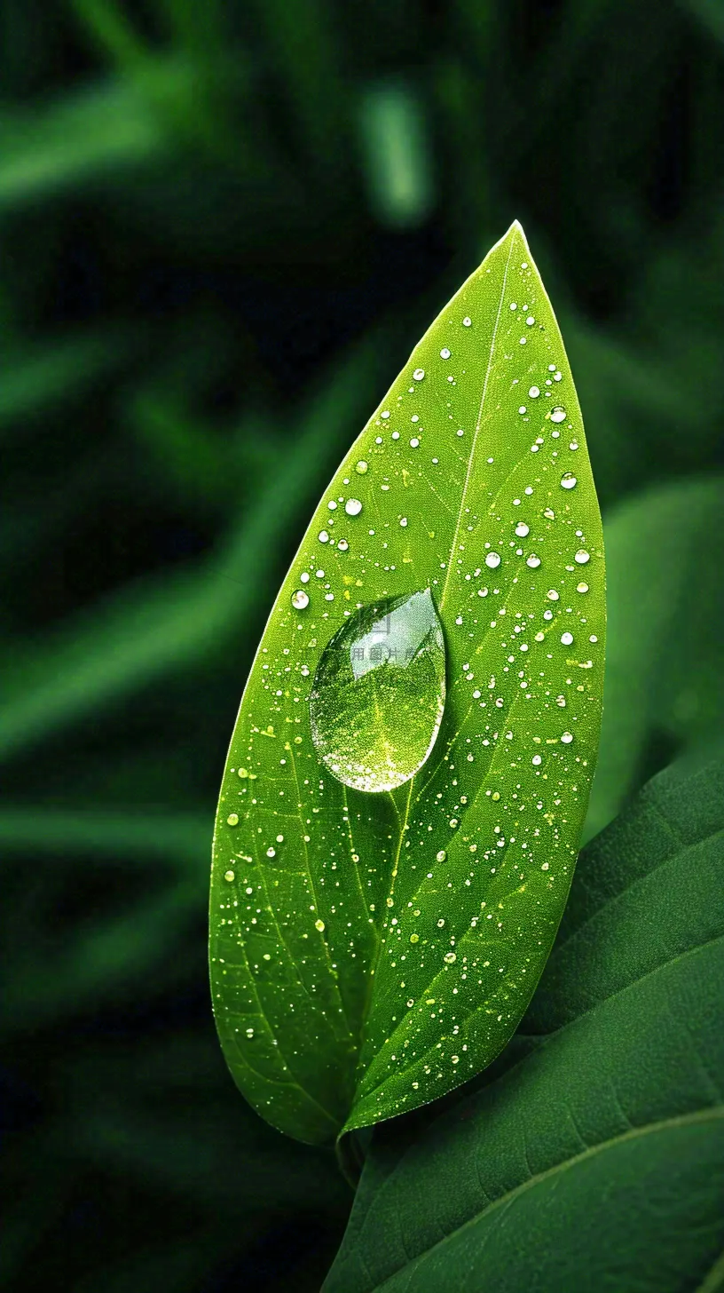 春天树叶草叶上晶莹剔透的水珠,雨水摄影图