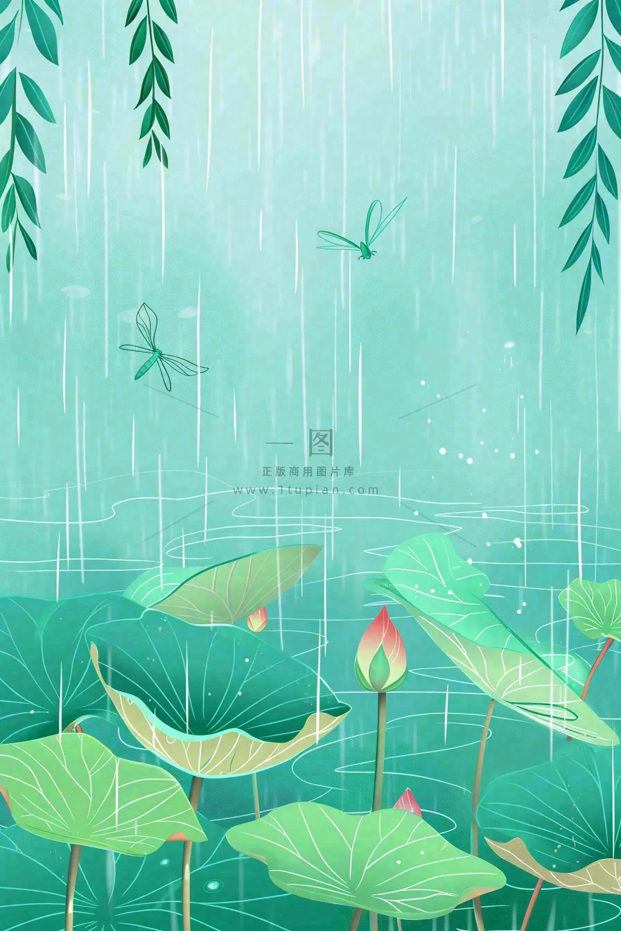 春天雨季池塘里的荷花蜻蜓雨水谷雨惊蛰卡通插画背景