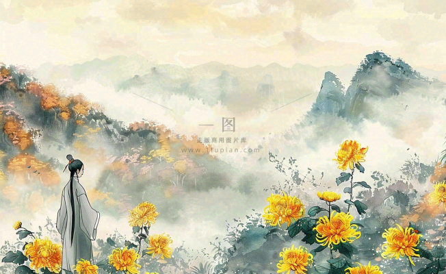 秋天古风水墨画山川菊花古风人物清明节重阳节插画背景 秋天古风水墨画山川菊花古风人物清明节重阳节插画背景