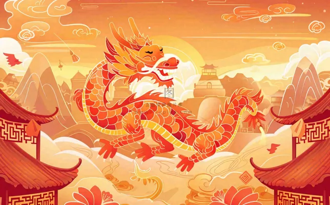 龙年新年春节喜庆红色古风国潮风祥云小年除夕卡通插画背景