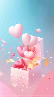 粉色立体爱心气球礼盒惊喜浪漫情人节七夕插画背景