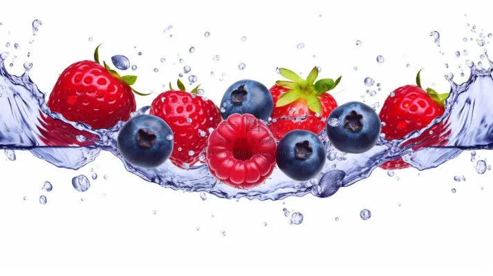 新鲜草莓蓝莓覆盆子口味水波溅起白色背景摄影图