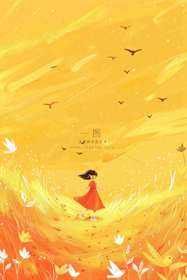 秋天金黄背景花丛红裙子少女白鹭立秋秋分白露插画背景 秋天金黄背景花丛红裙子少女白鹭立秋秋分白露插画背景