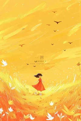 秋天金黄背景花丛红裙子少女白鹭立秋秋分白露插画背景 秋天金黄背景花丛红裙子少女白鹭立秋秋分白露插画背景